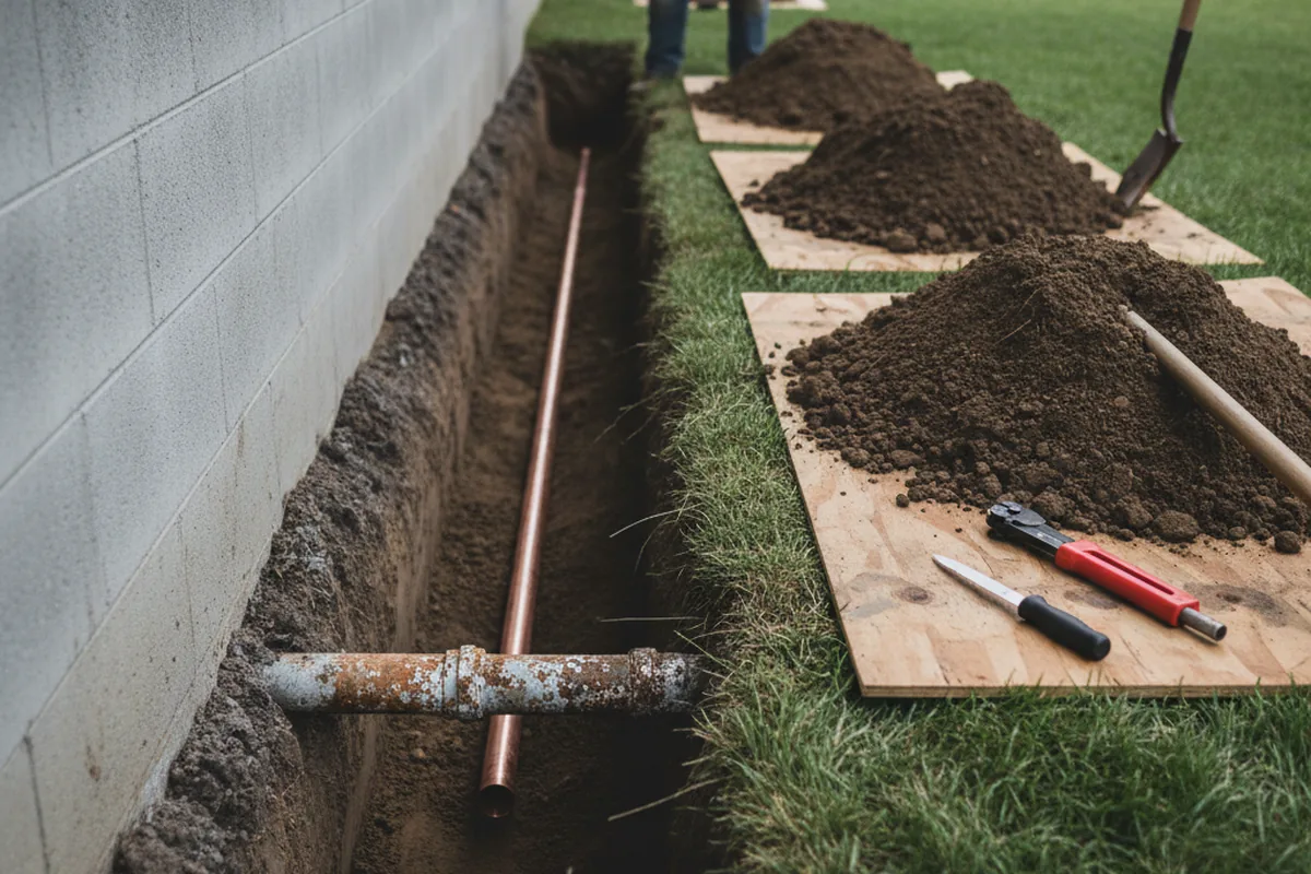 Excavated water line trench during Sewer Line Repair in Bronxville